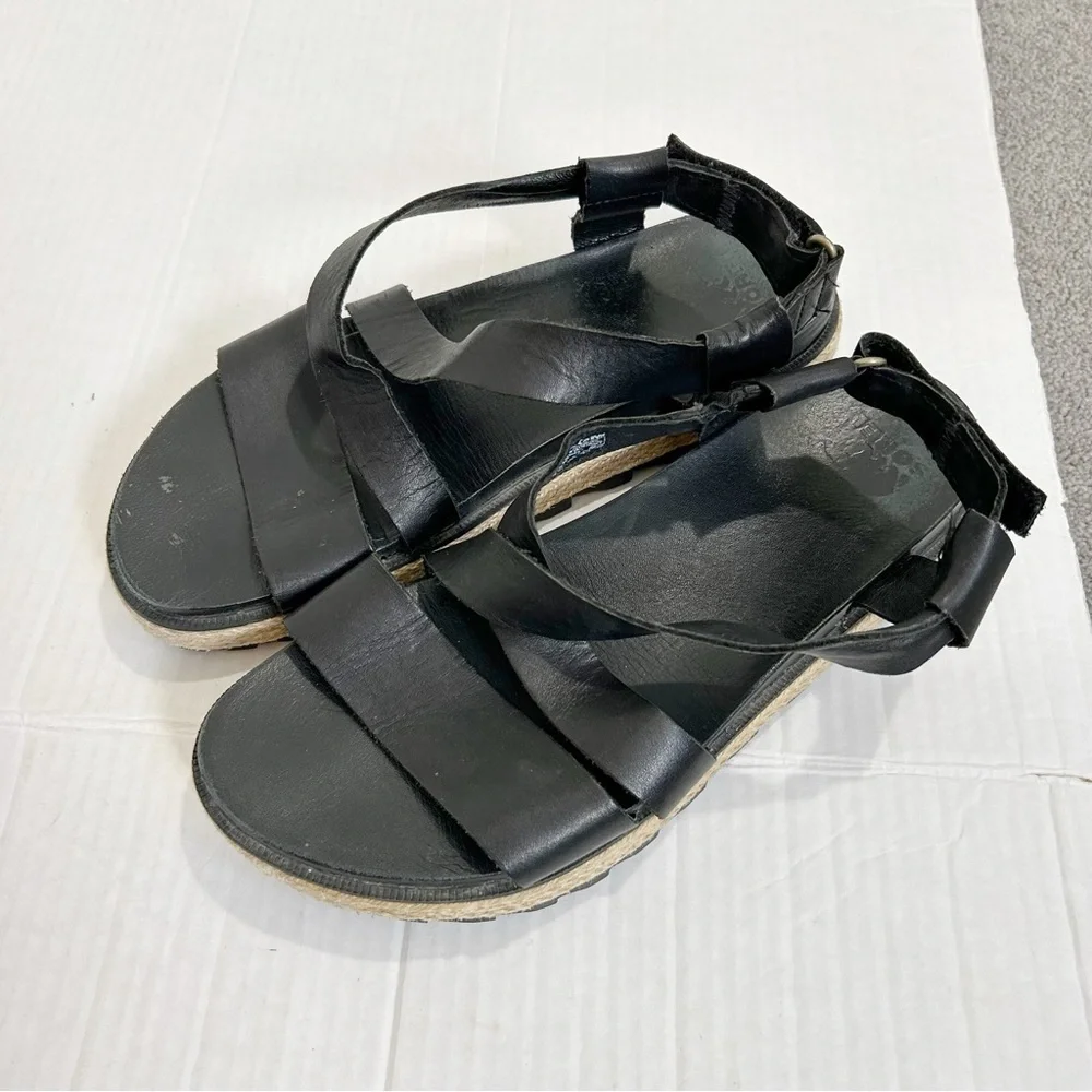 Sorel Roaming Criss Cross Sandals Jute Black Leather Size 8 Espadrille Summer - Picture 3 of 10